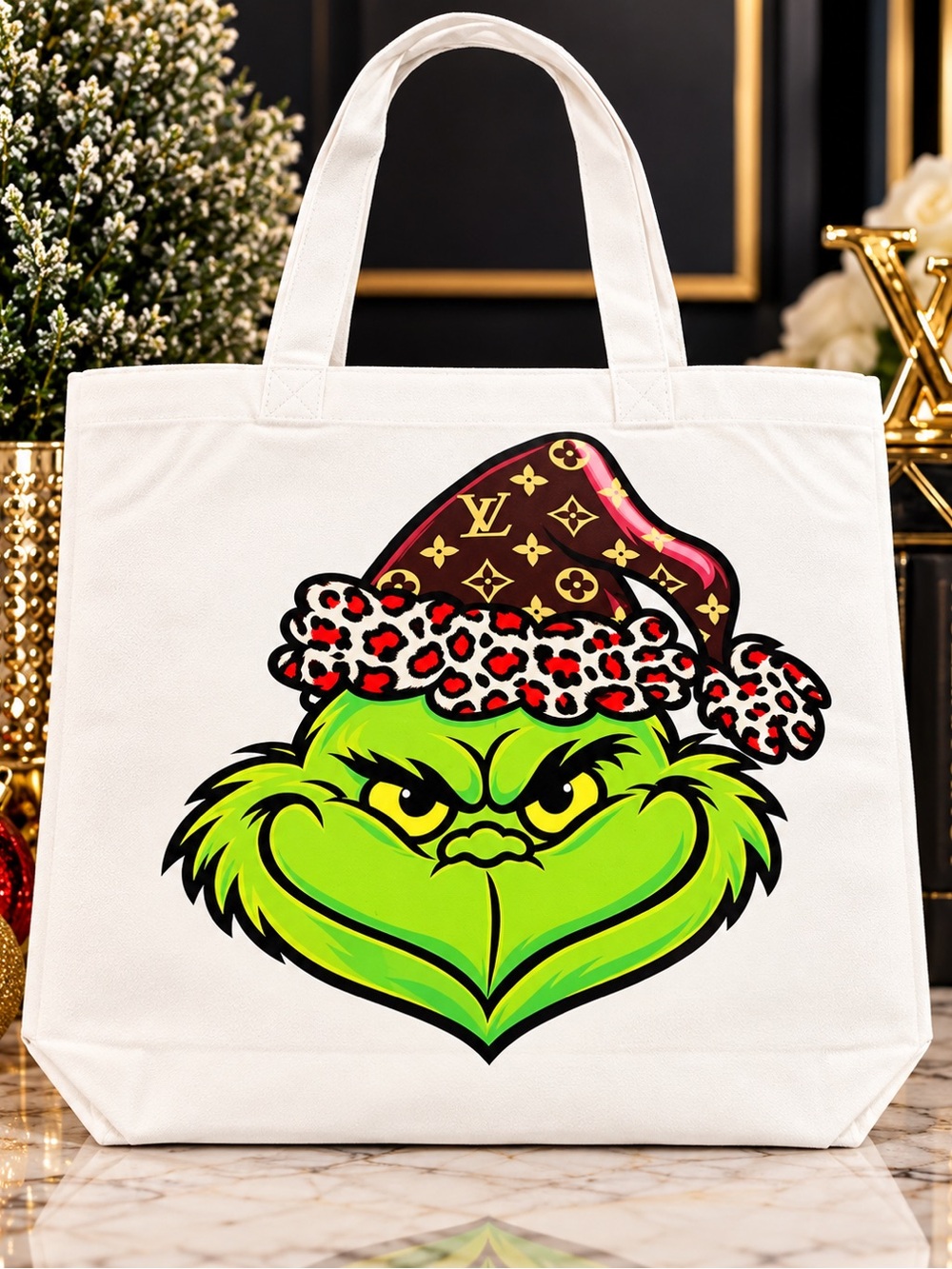 Canvas Tote Bag with Green Grinch Face and Christmas Style Hat